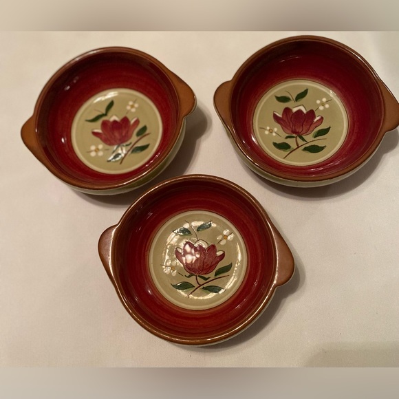 Stangl Pottery 'Magnolia' Lugged Soup Bowls Set 3 Vintage Mid Century Modern - Picture 2 of 7